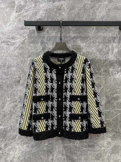 24FW NEW CC Houndstooth color-blocked knitted cardigan jacket