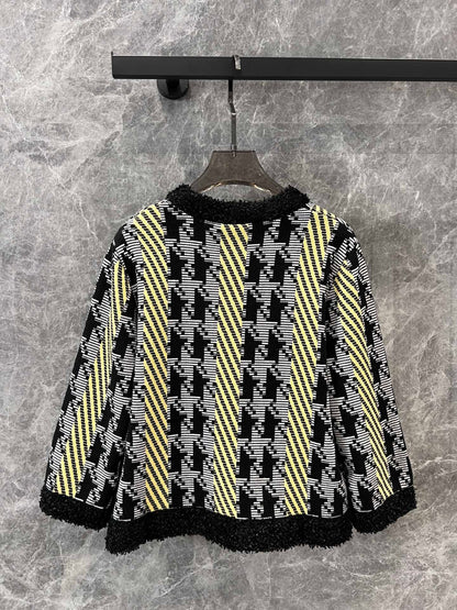 24FW NEW CC Houndstooth color-blocked knitted cardigan jacket