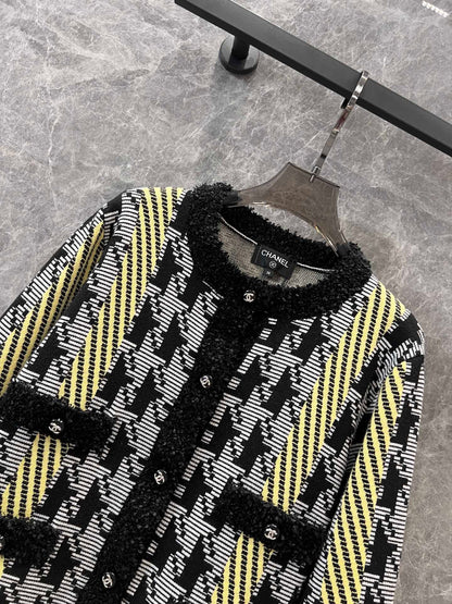 24FW NEW CC Houndstooth color-blocked knitted cardigan jacket