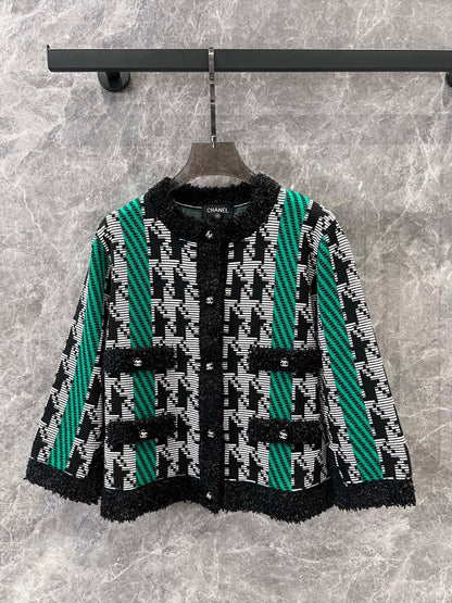 24FW NEW CC Houndstooth color-blocked knitted cardigan jacket