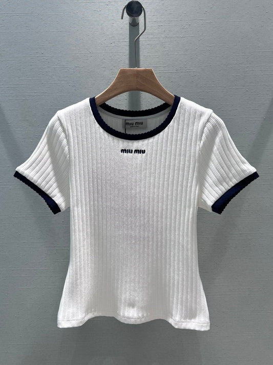 24FW NEW MM Contrast color round neck letter embroidered T-shirt