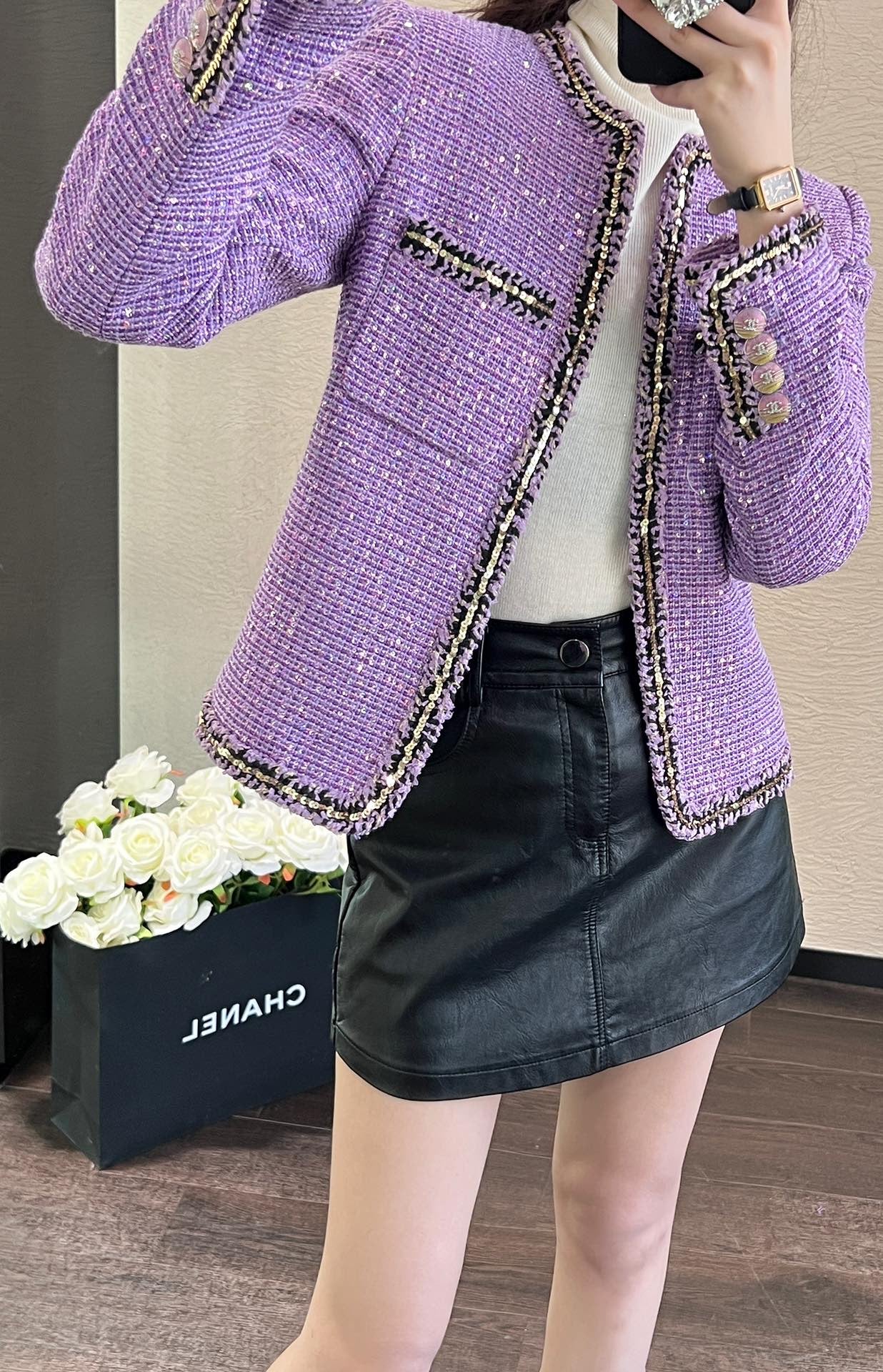 24FW NEW CC purple sequined floral nylon jacket