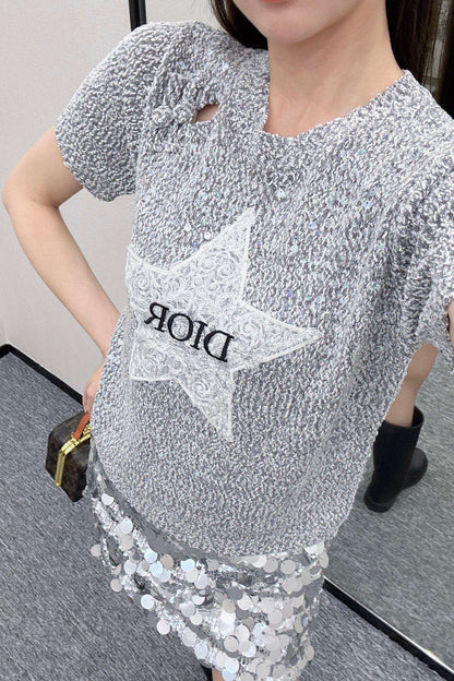 24FW NEW CD Five-pointed star sequined knitted short sleeves