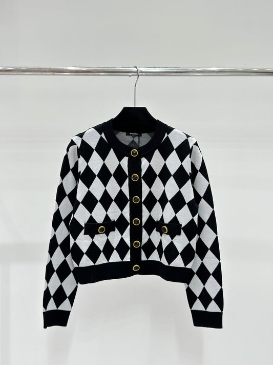 24FW NEW BAL black and white plaid jacquard knitted cardigan