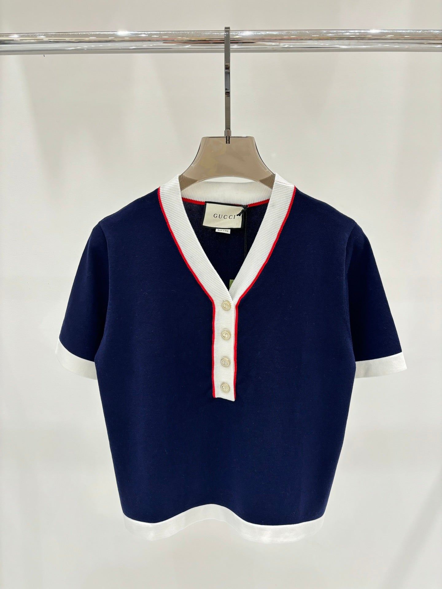 Summer new retro V-neck button knitted short sleeves