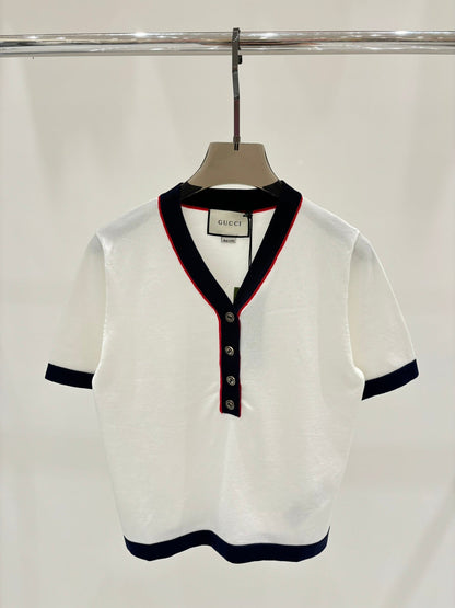 Summer new retro V-neck button knitted short sleeves