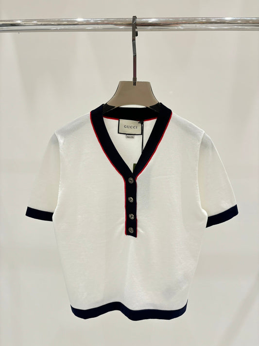 Summer new retro V-neck button knitted short sleeves