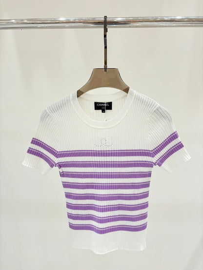 Striped slim short sleeves with hollow design