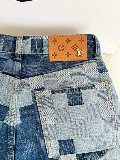 New twill textured checkerboard denim shorts