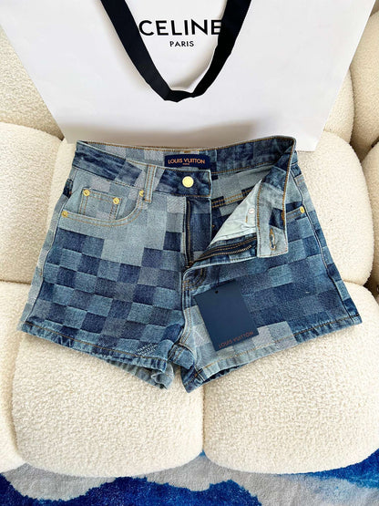 New twill textured checkerboard denim shorts