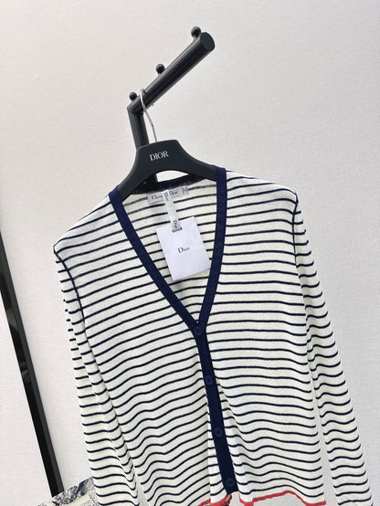 Navy style striped linen ice silk yarn cardigan