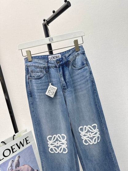 Retro light blue washed flocked embellished jeans