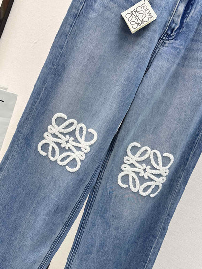 Retro light blue washed flocked embellished jeans