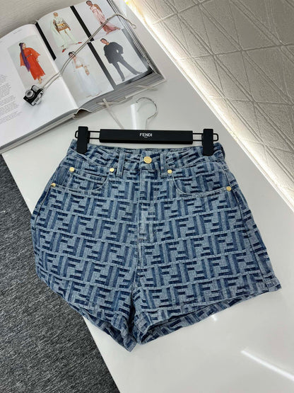 Printed denim shorts